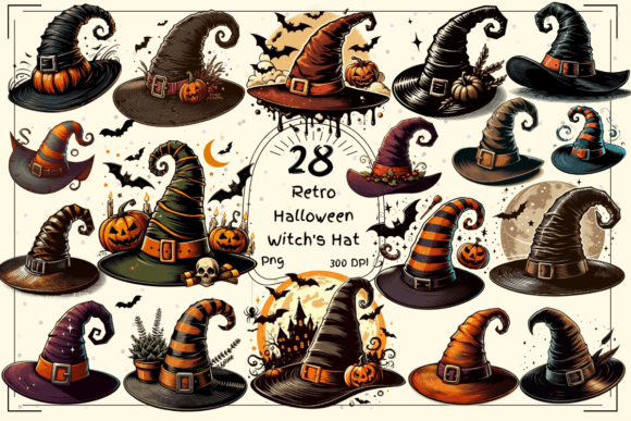 28 Retro Halloween Witch's Hat Clipart: Vintage Design Elements