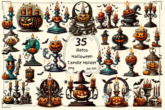 35 Retro Halloween Candle Holder Clipart: Vintage Charm for Modern Designs