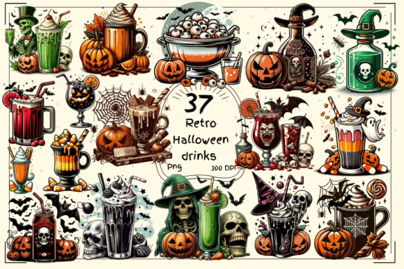 37 Retro Halloween Drinks Clipart: Vintage Design Assets