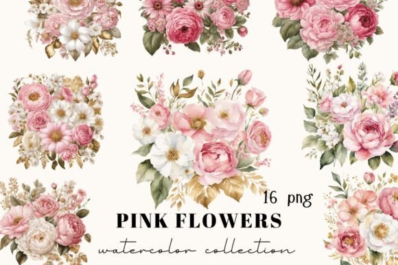 Elegant Pink Gold Flowers: Watercolor Clipart for Designers