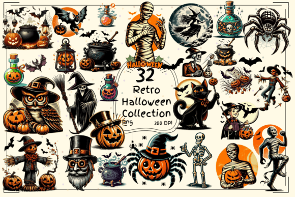 Retro Halloween Clipart Collection Vol.2: Vintage Design Assets